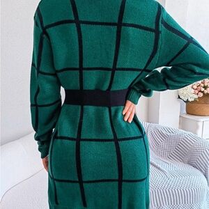 Windowpane Knit Sweater Dress - Green
